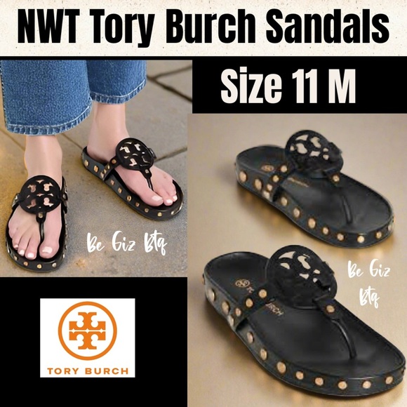 NWT Tory Burch Miller Cloud Gold Coin Thong Sandals Perfect Black Size 11 M - Picture 1 of 13